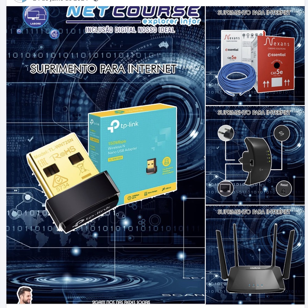 Adaptadores Wi-Fi, cabos, repetidores e roteadores vendidos pela Net Course